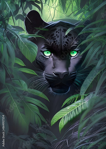 Beneath a canopy of emerald leaves, bathed in an ethereal, dreamlike glow, a mysterious black panther lurked in the shadows, its form a whisper against the vibrant jungle