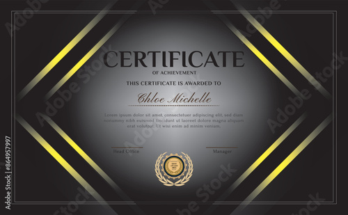 Elegant black and gold blue diploma certificate template with luxury badge and modern line pattern. For award, business, and education needs. Use for print, certificate, diploma, graduation
