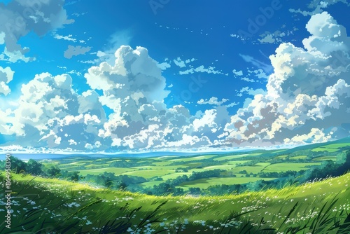 Beautiful Sunny Landscape with Lush Green Fields and Fluffy Clouds
