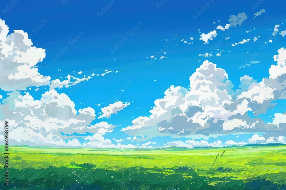 Beautiful green grass field with white clouds on a blue summer sky. Perfect for nature, landscape, travel, or environmental background.