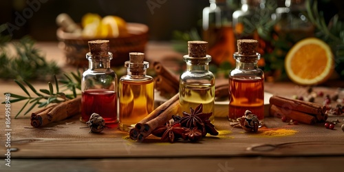 Creating Timeless Scents with Bottles of Oils and Essences. Concept Fragrance Creation, Perfume Making, Aromatherapy Oils, Scent Blending Techniques