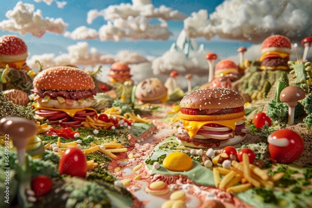 Various food items arranged on a table, creating a colorful and diverse display, A surreal landscape made entirely of fast food ingredients Various food items arranged on a table, creating a colorful and diverse display, A surreal landscape made entirely of fast food ingredients