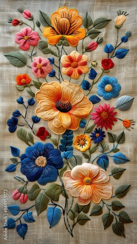 High-resolution image of embroidered floral designs on a cotton cloth, 8K, Full HD. 