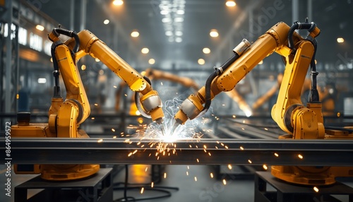 Two industrial robotic arms welding metal together, producing sparks in a high-tech factory. Represents teamwork, precision, and the future of manufacturing.