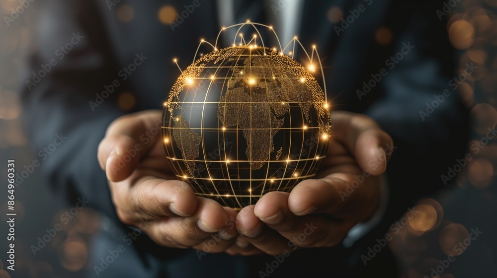 Fototapeta premium Hands displaying a digital globe with glowing network connections against a blurred background. Global business networking and digital communication advancements.
