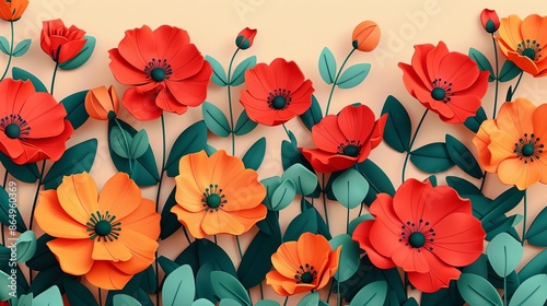 closeup flat design of A minimalist floral design with clean lines and colors Use bright red, orange, and green with a modern touch