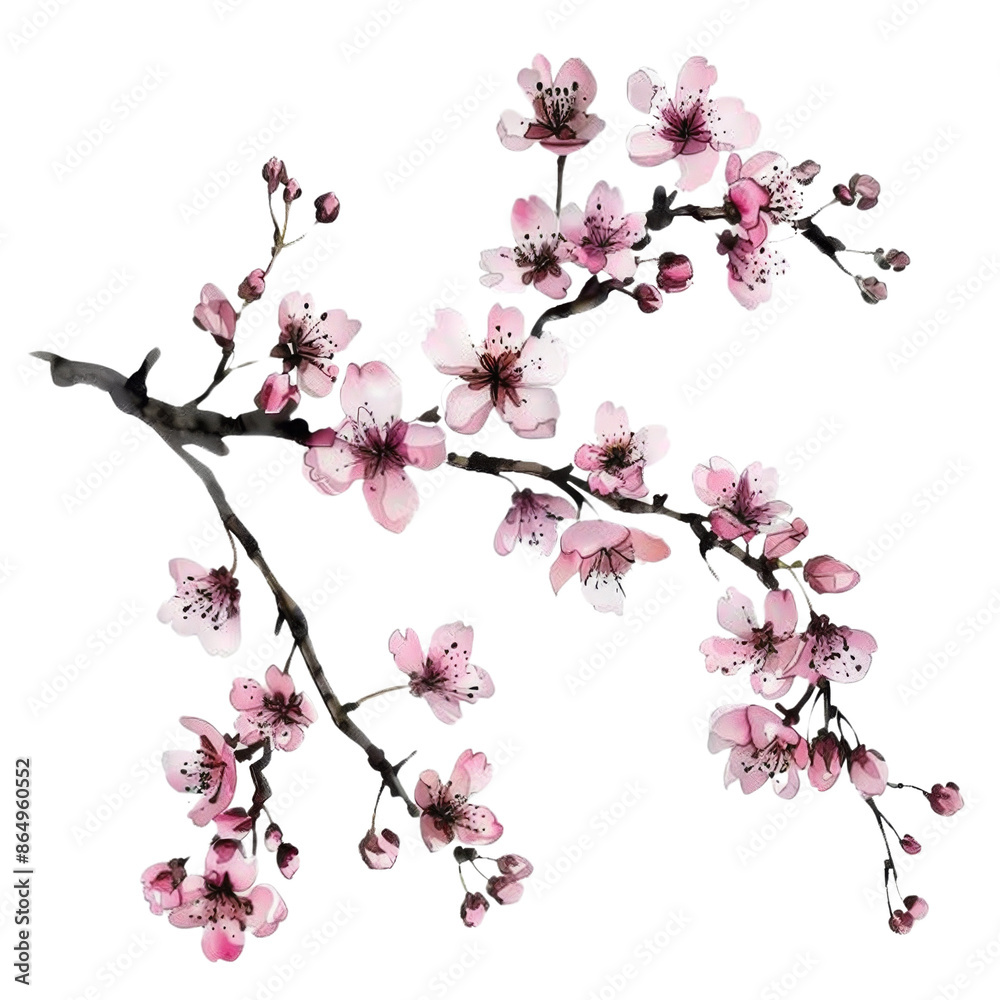 Naklejka premium High-quality illustration of a cherry blossom branch with delicate pink flowers in full bloom, perfect for seasonal and floral design themes. Isolated on transparent background.