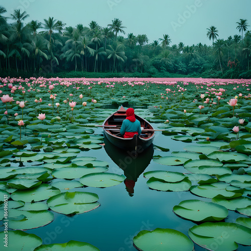Capturing the vibrancy of everyday life, as a boat sails amidst a sea of lotus and lily pads, this scene unfolds as an enchanting blend of tranquility and natural beauty