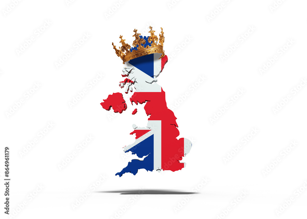 carte du royaume uni avec texture de l'Union jack et une couronne sur le haut - rendu 3D - fond transparent