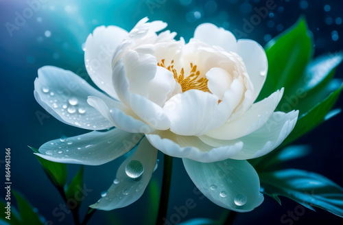 Lovely delicate white peony flower in raindrops,dew