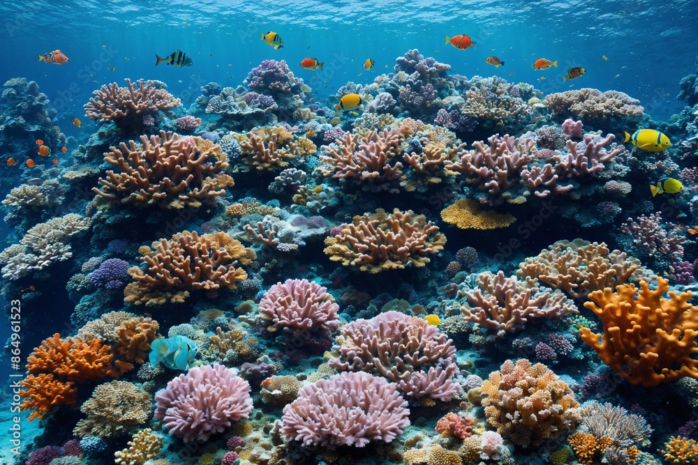 Naklejka premium Scuba diver underwater coral reef colorful fish