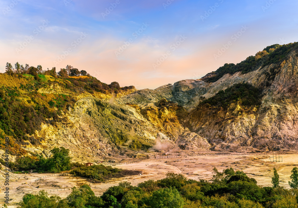 landscape of Plegrean volcano fields in Naples Italy near Pompeii with sulfur yellow caldera duribg eruption of smoke. campi Flegrei and cataclysm of Earthquake landscape of Plegrean volcano fields in Naples Italy near Pompeii with sulfur yellow caldera duribg eruption of smoke. campi Flegrei and cataclysm of Earthquake