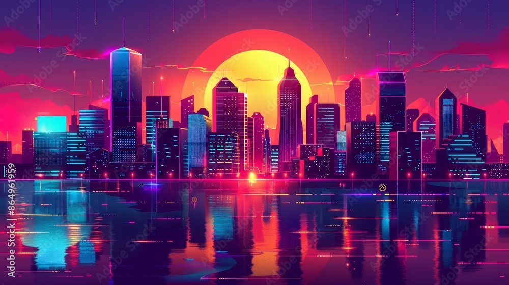 closeup flat design of Futuristic cityscape with neon colors and a sunset in the background, highlighting tall buildings and a river closeup flat design of Futuristic cityscape with neon colors and a sunset in the background, highlighting tall buildings and a river