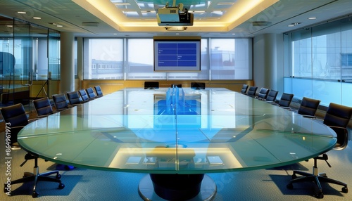 A modern boardroom features an elegant glasstop conference table, perfect for meetings and presentations AIG59 photo