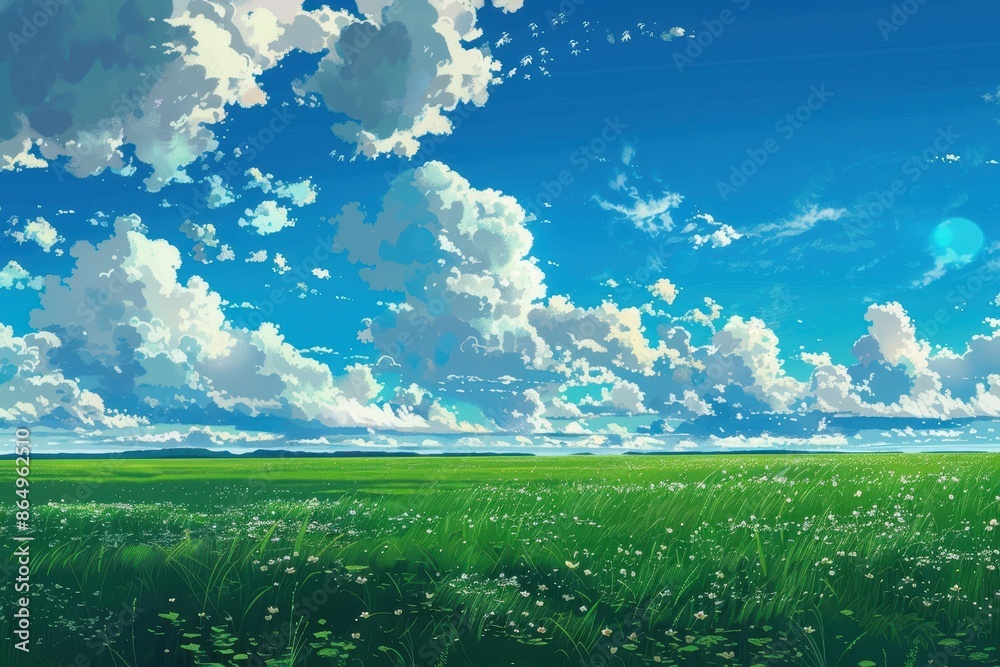 Beautiful landscape with lush green grass field and blue sky with fluffy white clouds. Scenic view of a meadow with clear sky background. Beautiful landscape with lush green grass field and blue sky with fluffy white clouds. Scenic view of a meadow with clear sky background.