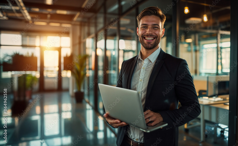 A smiling man in a suit and tie holds a laptop, standing in an office with large windows and a modern design. A smiling man in a suit and tie holds a laptop, standing in an office with large windows and a modern design.