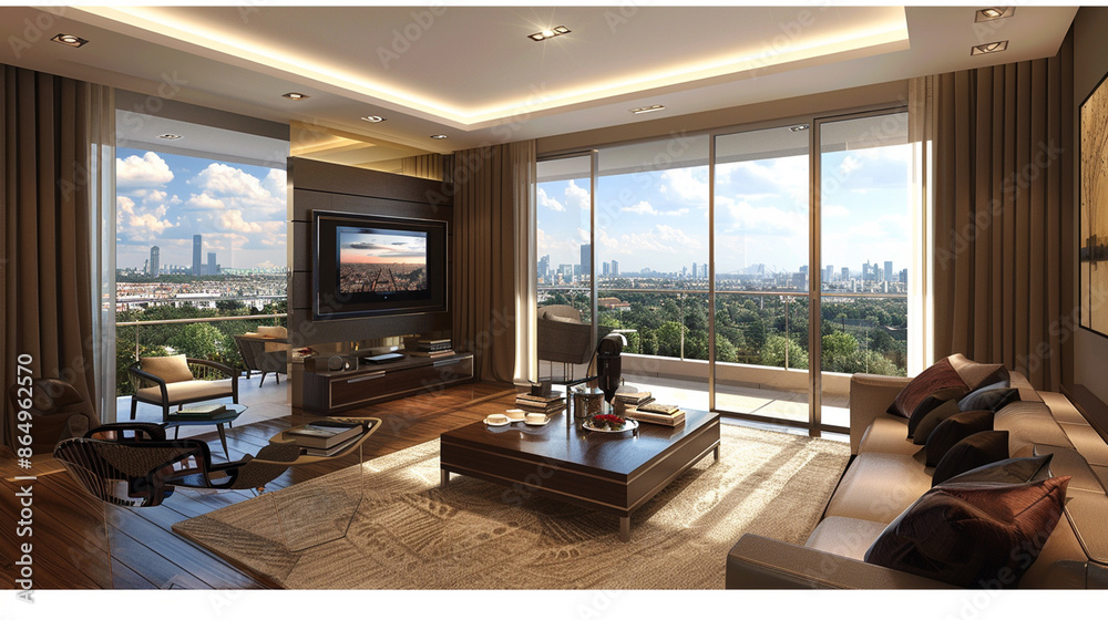 A modern living room with minimalist decor, featuring stylish furniture, large windows, and a clean design, providing a spacious and comfortable environment perfect for relaxation and socializing.