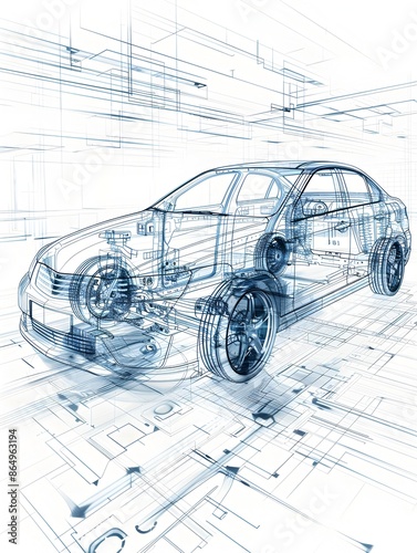 Minimalist Blueprint of Automotive Manufacturing Process with Wireframe Car Model
