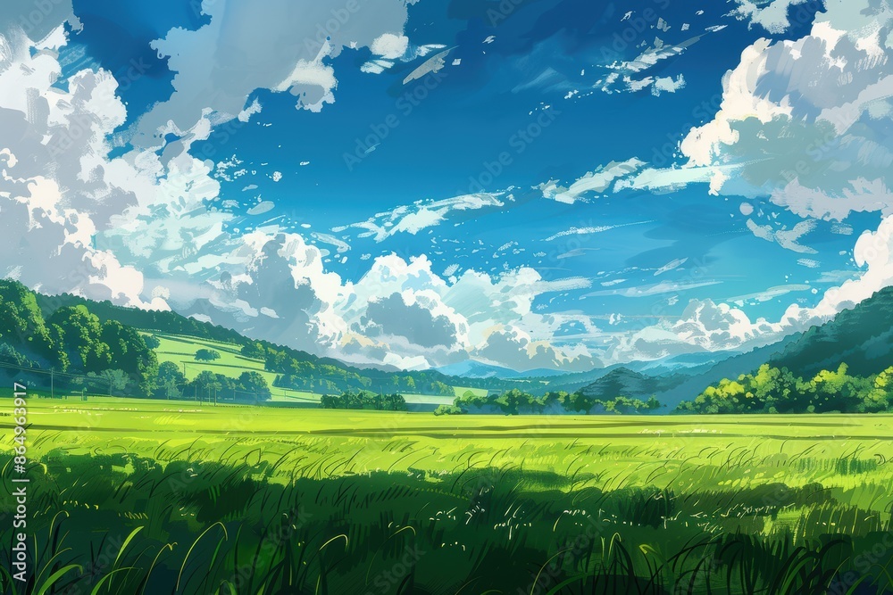 Fototapeta premium Stunning digital art painting of a picturesque green field with a bright blue sky and fluffy white clouds. Perfect for nature, landscape, and tranquility themes.
