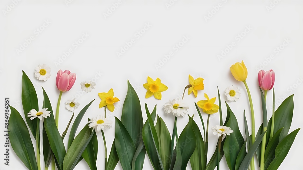 Obraz premium Creative layout made of colorful spring flowers and green leaves minimal