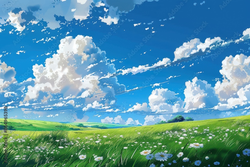 Fototapeta premium Stunning digital artwork of a beautiful, green meadow with lush grass, white wildflowers, and a clear blue sky with fluffy white clouds. Concept of nature, springtime, and peace.