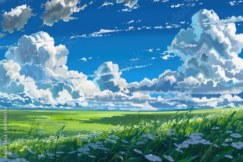 Digital painting of a beautiful green field with white flowers, blue sky and fluffy clouds. Landscape illustration in anime style.
