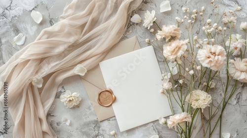 Wedding invitation card and envelope with wax seal, silk ribbon, and flowers on a stone background, wedding stationery set, flat lay, top view