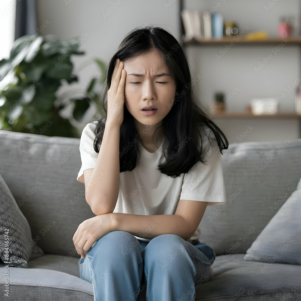 Dizzy asian young woman, girl headache or migraine pain suffering from vertigo while sitting on couch in living room at home Dizzy asian young woman, girl headache or migraine pain suffering from vertigo while sitting on couch in living room at home