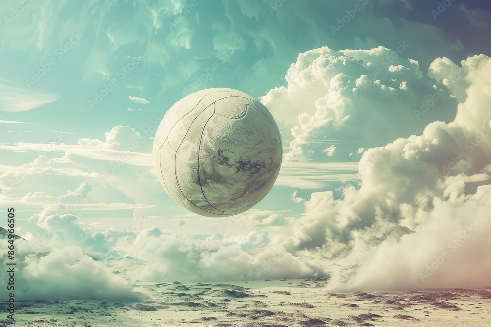 A large white ball hovering in the air above a body of water, A surreal representation of a volleyball floating in a dreamlike landscape A large white ball hovering in the air above a body of water, A surreal representation of a volleyball floating in a dreamlike landscape