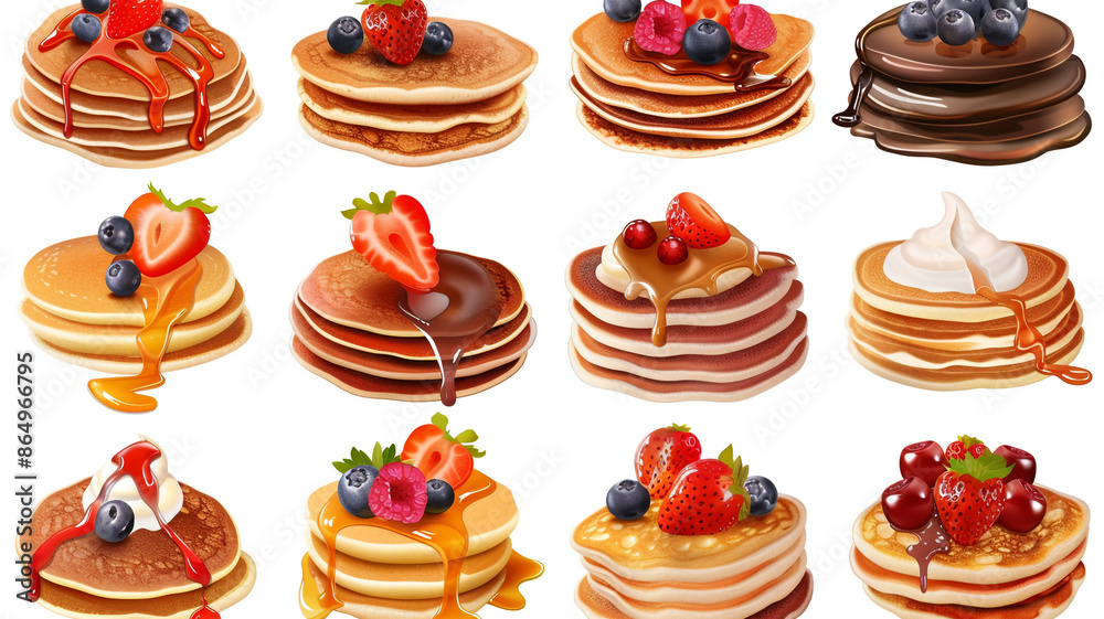 A variety of delicious pancakes, each topped with different ingredients, displayed against a plain white backdrop. A variety of delicious pancakes, each topped with different ingredients, displayed against a plain white backdrop.