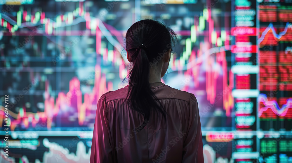 A photo of a woman standing with her back, in front of her is a large screen with stock market charts A photo of a woman standing with her back, in front of her is a large screen with stock market charts