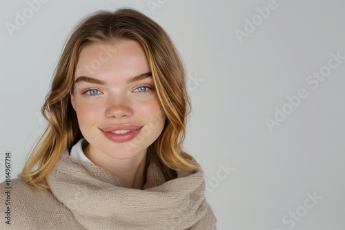 Smiling Woman with Blue Eyes and Scarf. Generative AI. © Tuyres