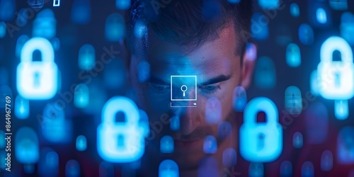 Man using digital security key on blue background with lock symbols. Concept Cybersecurity Technology, Digital Security Key, Lock Symbols, Blue Background, Data Protection photo
