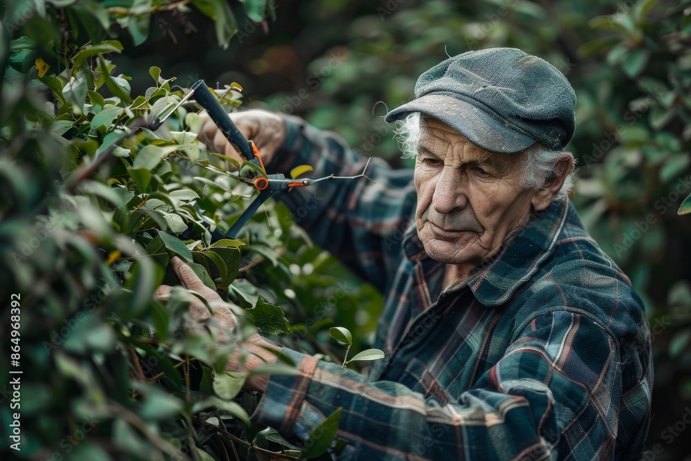 Fototapeta premium Old man trimming hedge with electric garden scissors, focus on hands, closeup
