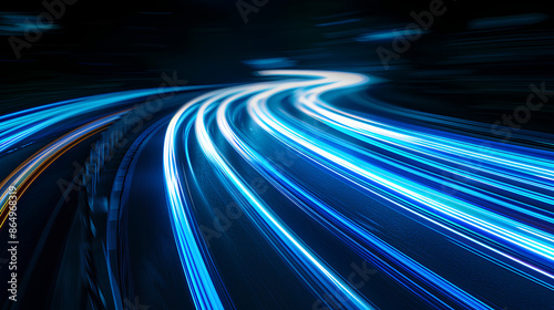 Bright blue light trails curve dynamically against a dark background, creating a sense of speed and motion