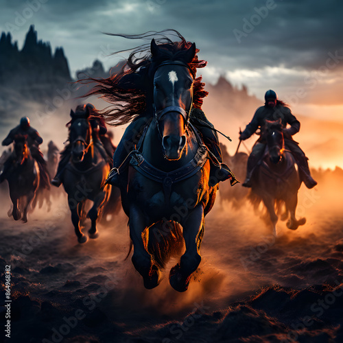In an epic cinematic shot, horses gallop across a battlefield, their powerful hooves creating tremors that resonate through the ground