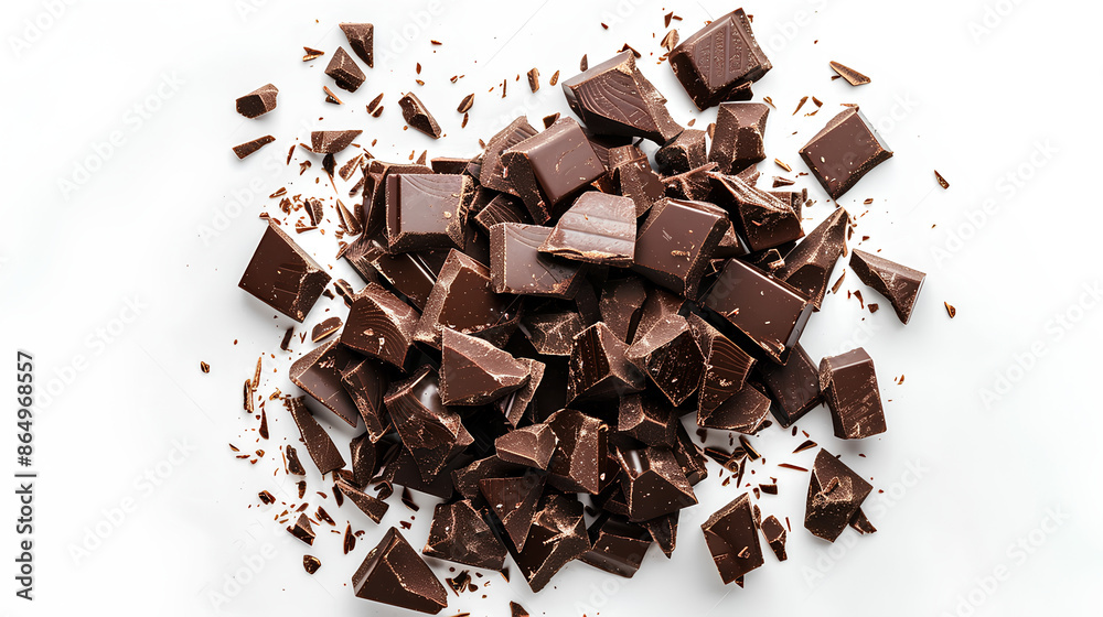Fototapeta premium Chopped dark chocolate isolated on white, top view