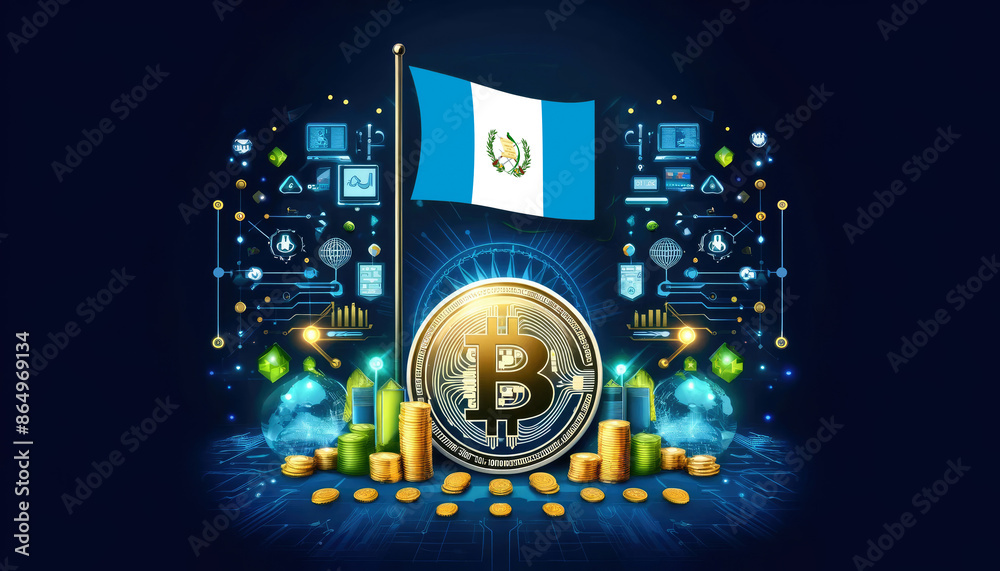 Fototapeta premium Bitcoin, the Guatemala flag, and global elements highlight the international impact and growing significance of cryptocurrency