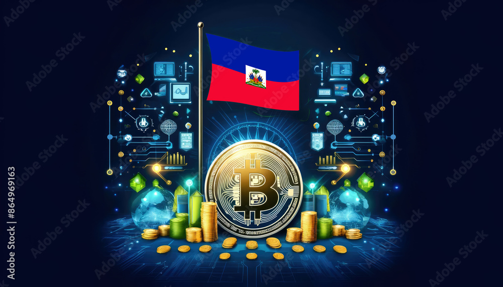 Obraz premium Bitcoin, the Haiti flag, and global elements highlight the international impact and growing significance of cryptocurrency