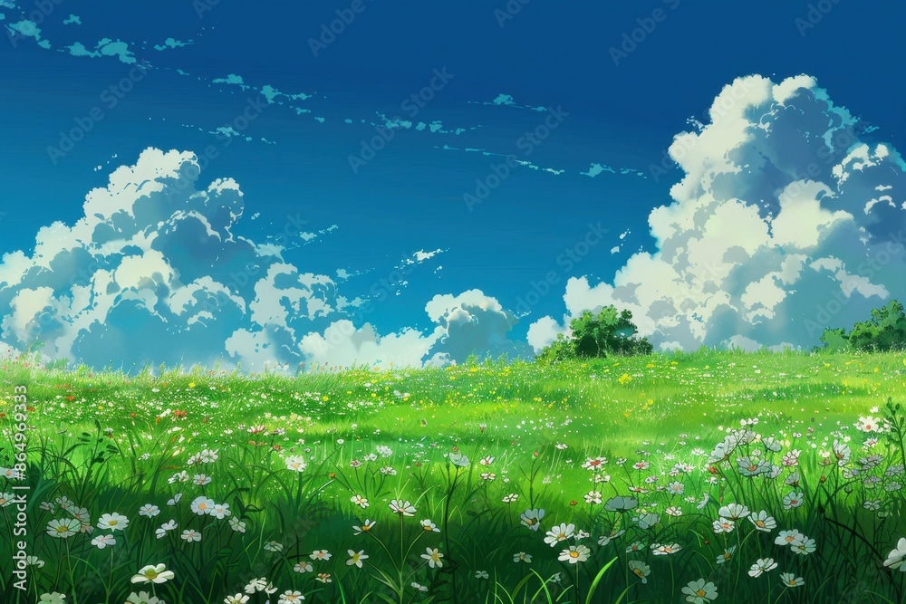 Grass Field landscape with blue sky and white cloud. Blue sky clouds sunny day wallpaper. Cartoon illustration of a Grass Field with blue sky in Summer. green field in a day. Grass Field landscape with blue sky and white cloud. Blue sky clouds sunny day wallpaper. Cartoon illustration of a Grass Field with blue sky in Summer. green field in a day.