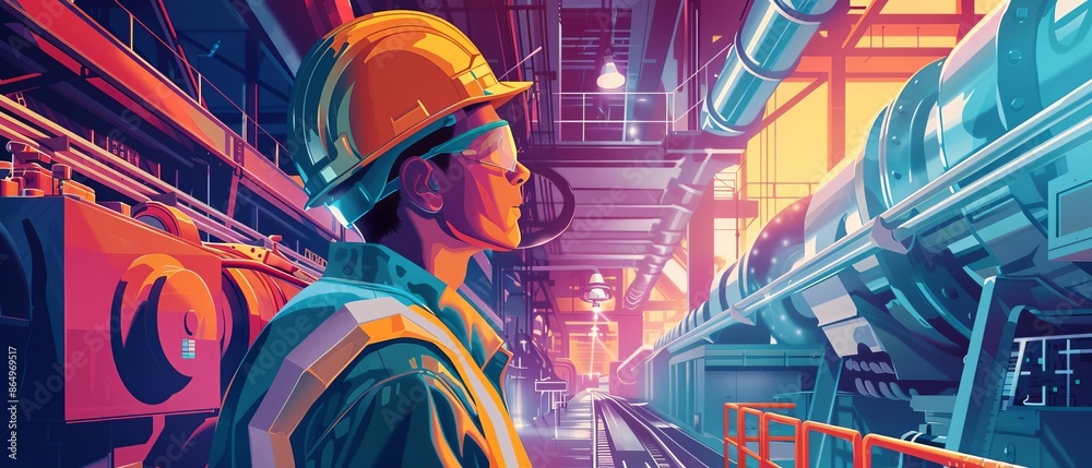 An industrial worker in a helmet and safety glasses, inspecting machinery in a factory An industrial worker in a helmet and safety glasses, inspecting machinery in a factory