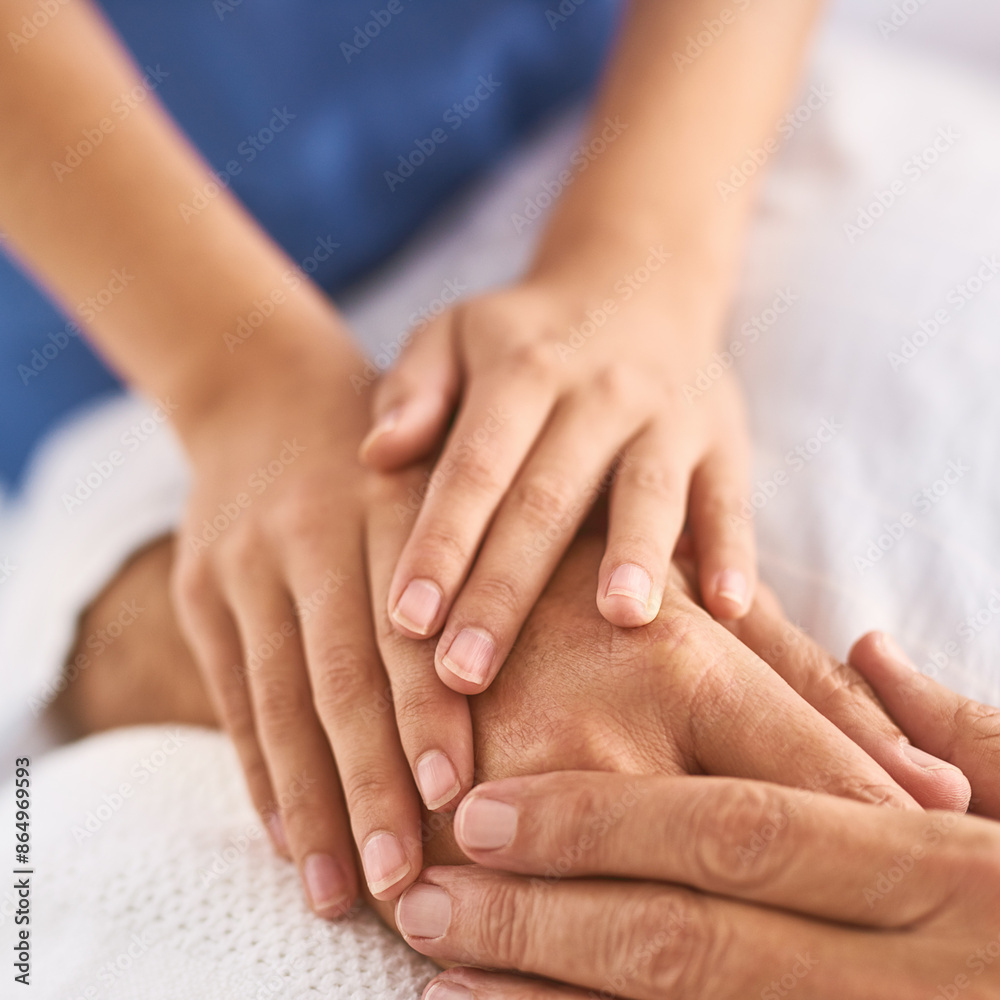 Support, patient and hands of nurse in hospital for recovery, sharing bad news or cancer diagnosis. Healthcare, closeup and medical worker in icu for test results, help or people with kind gesture Support, patient and hands of nurse in hospital for recovery, sharing bad news or cancer diagnosis. Healthcare, closeup and medical worker in icu for test results, help or people with kind gesture