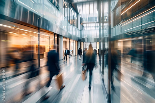 Motion blur captures the hustle and bustle of people walking through a modern building lobby, highlighting the fast-paced nature of business environments.