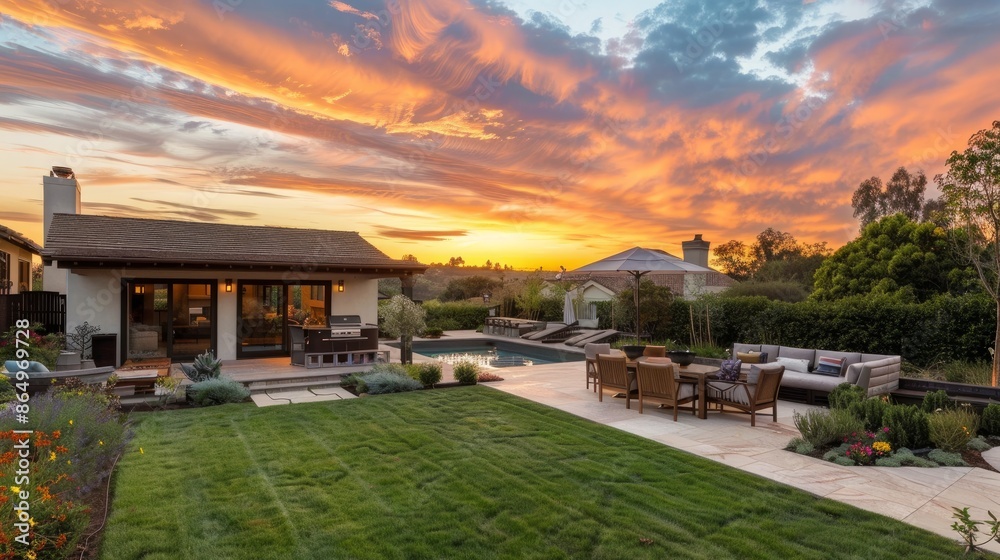 A backyard with a patio area captures the beauty of a sunset A backyard with a patio area captures the beauty of a sunset