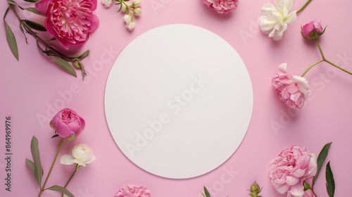 Mother's Day concept. Top view photo of white circle and natural flowers pink peony rose buds on isolated light pink background with empty space. International Woman Day