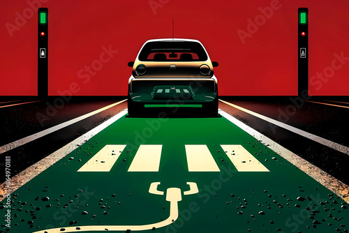 A green-themed illustration showcasing an electric car charging at a high-tech station at night, symbolizing the future of environmentally friendly transportation. photo