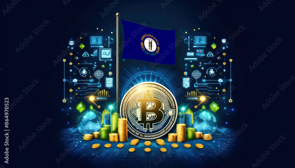 Obraz premium Bitcoin, the Kentucky flag, and global elements highlight the international impact and growing significance of cryptocurrency