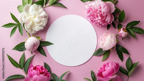 Mother's Day concept. Top view photo of white circle and natural flowers pink peony rose buds on isolated light pink background with empty space. International Woman Day