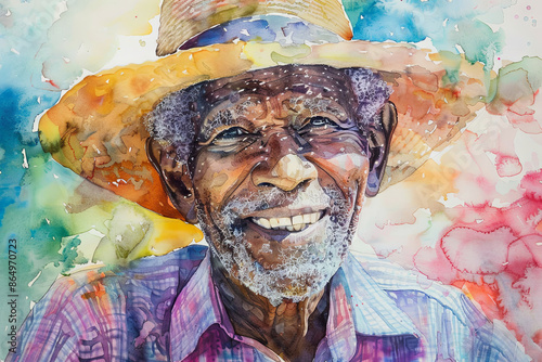 A watercolor painting depicting a smiling elderly black man wearing a straw hat