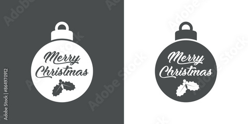 Logo con silueta de bola de navidad con texto manuscrito Merry Christmas con hojas y bayas de acebo para tarjetas y felicitaciones